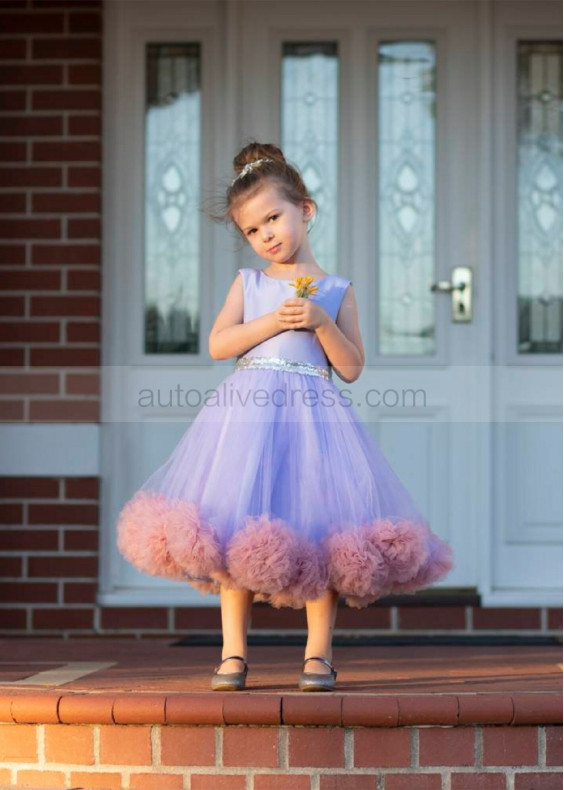 Lavender Satin Pom Pom Tulle Flower Girl Dress